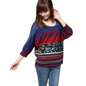 Desigual Shirt Women's‎ Size Small Blue Red Striped Multi Print 3/4 Sleeve Tunic